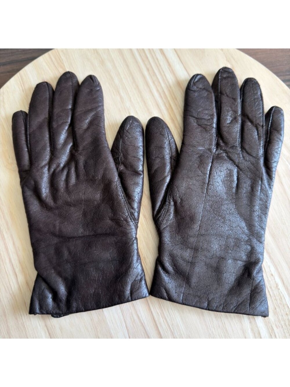 Vintage Womens Brown Leather Gloves 7-1/2 Rabbit Fur Lined Classic Wrist Slit